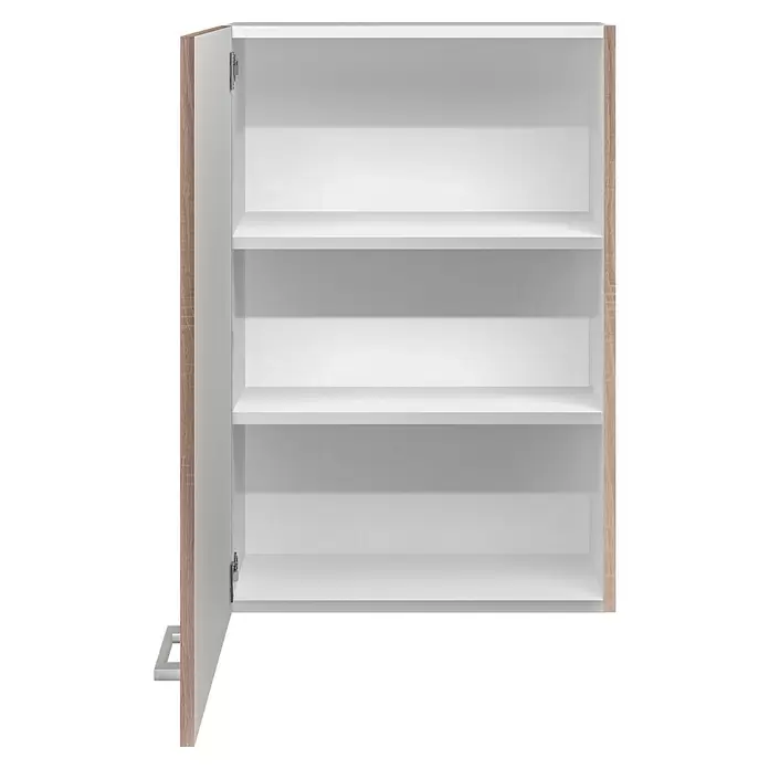 Flex-Well Samoa Küchen-Hängeschrank Samoa - B x T x H: 60 x 32 x 89 cm, Braun - Weißer offener Schrank mit drei Einlegeböden und heller Holzoptik-Seitenwand. Offene Tür zeigt Metallscharniere.