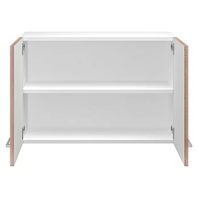 Flex-Well Samoa Küchen-Hängeschrank Samoa - B x T x H: 80 x 32 x 54,8 cm, Braun - Weißer Schrank mit geöffneten Türen, einem Einlegeboden und hellen Holzimitat-Kanten.