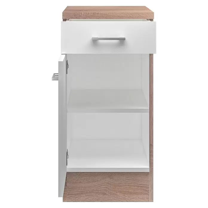 Flex-Well Samoa Unterschrank Samoa - B x T x H: 40 x 60 x 85 cm, Weiß - Kleiner Nachttisch mit Schublade und offenem Schrank, hellem Holzdekor und weißen Fronten.