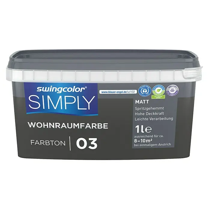 swingcolor Wandfarbe SIMPLY - Nr. 03, 1 l - Farbeimer "swingcolor Simply Wohnraumfarbe" Farbton 03, matt, 1 Liter. Geeignet für ca. 8-10 m² bei einmaligem Anstrich.