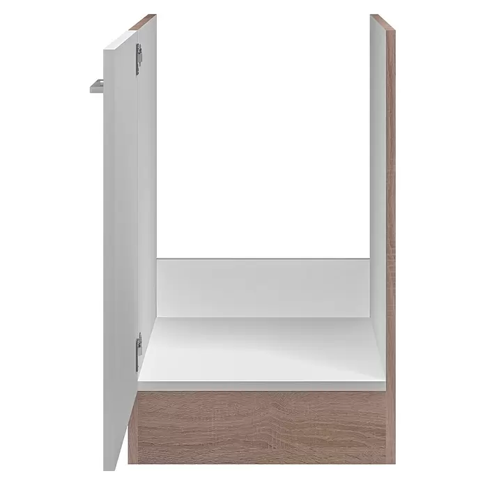 Flex-Well Samoa Spülenunterschrank Samoa - B x T x H: 50 x 57 x 82 cm, Weiß - Offener Schrank mit weißem Innenraum, hellem Holzdekor und offener weißer Tür mit silbernem Griff.
