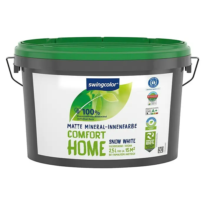 swingcolor Wandfarbe Comfort Home Mineral-Innenfarbe - Snow White, Stumpfmatt, 2,5 l, Konservierungsmittelfrei - Nahaufnahme eines Eimers Swingcolor Comfort Home Snow White Innenfarbe, die eine matte mineralische Innenfarbe für ein behagliches Zuhause bietet.