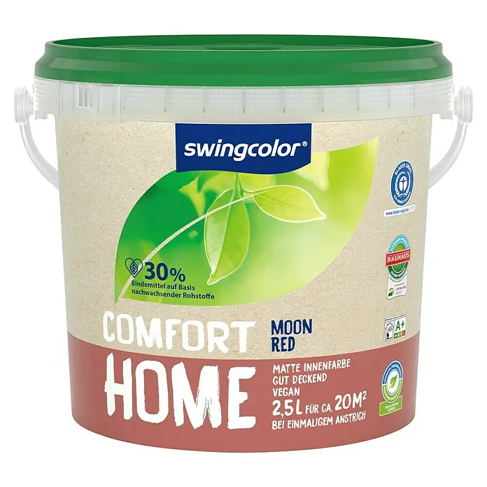 swingcolor Wandfarbe Comfort Home - Moon Red, Stumpfmatt, 2,5 l, Konservierungsmittelfrei - Abbildung eines Eimers Swingcolor Comfort Home Moon Red Innenfarbe, eine vegane, matte Farbe mit guter Deckkraft, ideal für Innenräume.