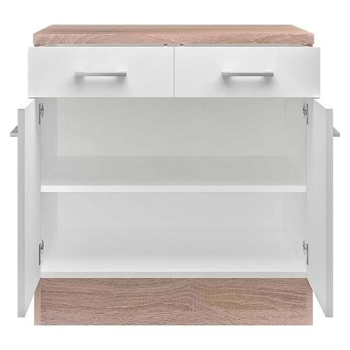 Flex-Well Samoa Küchen-Unterschrank Samoa - B x T x H: 80 x 60 x 85 cm, Weiß - Weißes und helles Holz Sideboard mit zwei oberen Schubladen und zwei offenen Türen, die Regale zeigen.