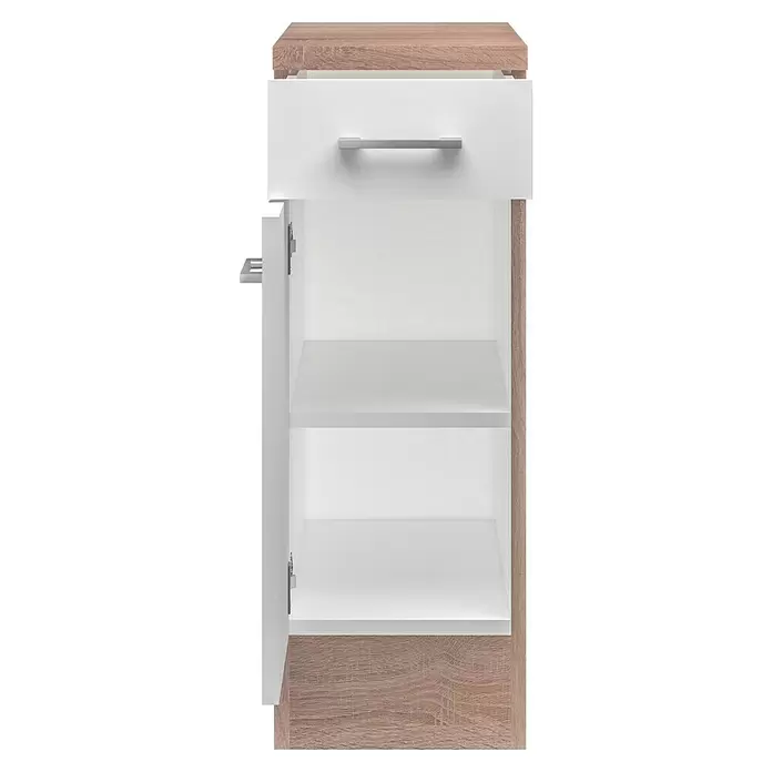 Flex-Well Samoa Küchen-Unterschrank Samoa - B x T x H: 30 x 60 x 85 cm, Weiß - Kleiner Schrank mit heller Holzmaserung oben, unten und rechts, einer weißen Schublade mit silbernem Griff und einer offenen weißen Tür, die zwei Einlegeböden zeigt.
