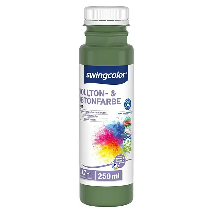 swingcolor Vollton- & Abtönfarbe - Waldgrün, Matt, 250 ml, Konservierungsmittelfrei - Ein 250 ml-Flasche Swingcolor Vollton- & Abtönfarbe Matt, eine hochwertige Farbe für Dispersionsfarben und Putze, wetterbeständig und extra tönstark.