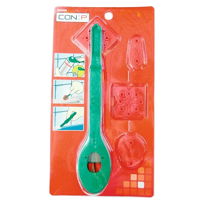 Connex Kit para juntas de silicona B22540 - 4 pzs. - Un juego de herramientas de unión verde en un embalaje rojo. El juego incluye varios accesorios para diferentes tareas de unión, ideal para baños y cocinas.