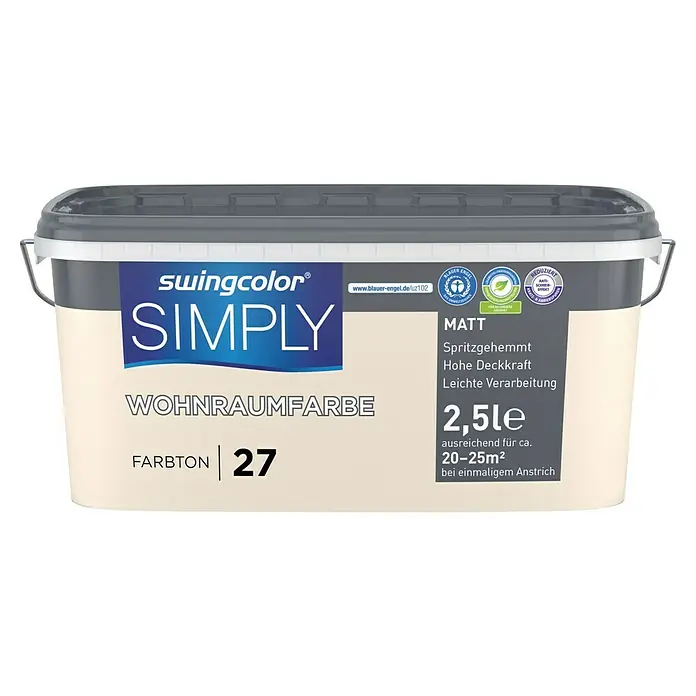 swingcolor Wandfarbe SIMPLY - Nr. 27, 2,5 l - Eimer mit Swingcolor Simply Wohnraumfarbe Matt, Farbton 27, 2,5 Liter. Ideal für Innenräume, mit hoher Deckkraft und leichter Verarbeitung.
