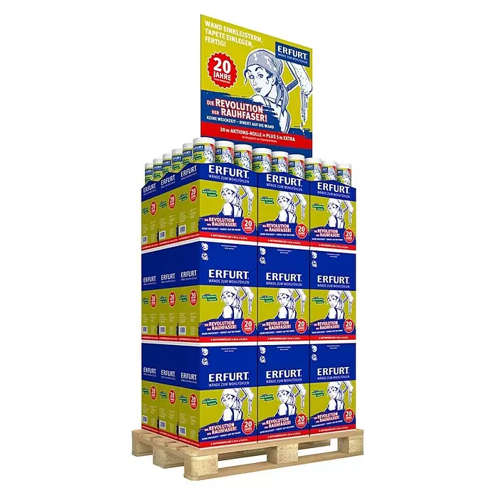 Erfurt Classico Vliestapete Vlies-Rauhfaser Jubi-Rolle - Weiß, 20 x 0,53 m - Großes Palettendisplay mit Erfurt Vlies-Rauhfaser Classico Tapetenrollen, blauer und gelber Verpackung und Werbetexten.