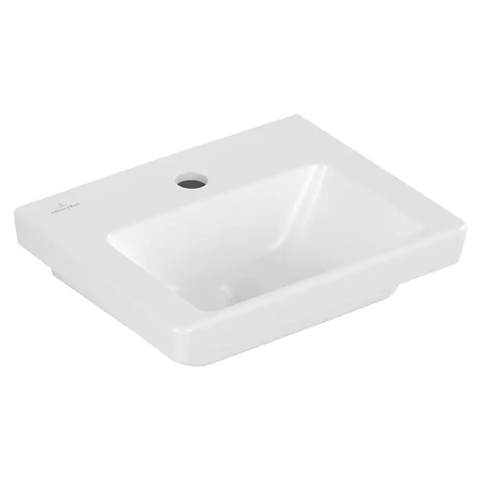 Villeroy & Boch Subway 3.0 Handwaschbecken - 37 x 30,5 cm, Mit schmutzabweisender Glasur, Hahnloch: Mitte, Ohne Überlauf, Stone White, Waschbecken geeignet für: Möbel, Ungeschliffen - Weißes Keramik-Waschbecken mit rechteckigem Becken, Hahnloch und Villeroy & Boch Logo.