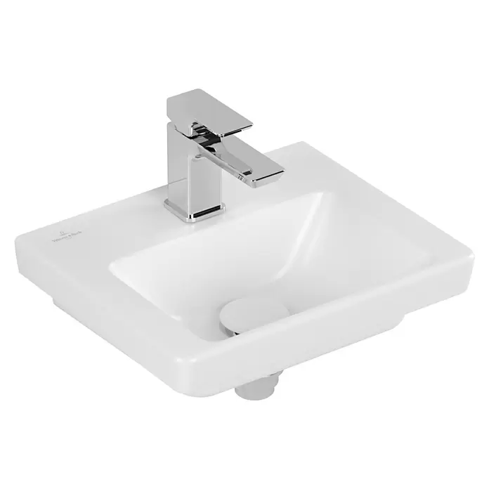 Villeroy & Boch Subway 3.0 Handwaschbecken - 37 x 30,5 cm, Mit schmutzabweisender Glasur, Hahnloch: Mitte, Ohne Überlauf, Stone White, Waschbecken geeignet für: Möbel, Ungeschliffen - Weißes Keramik-Rechteckwaschbecken mit einem polierten Chromarmatur.