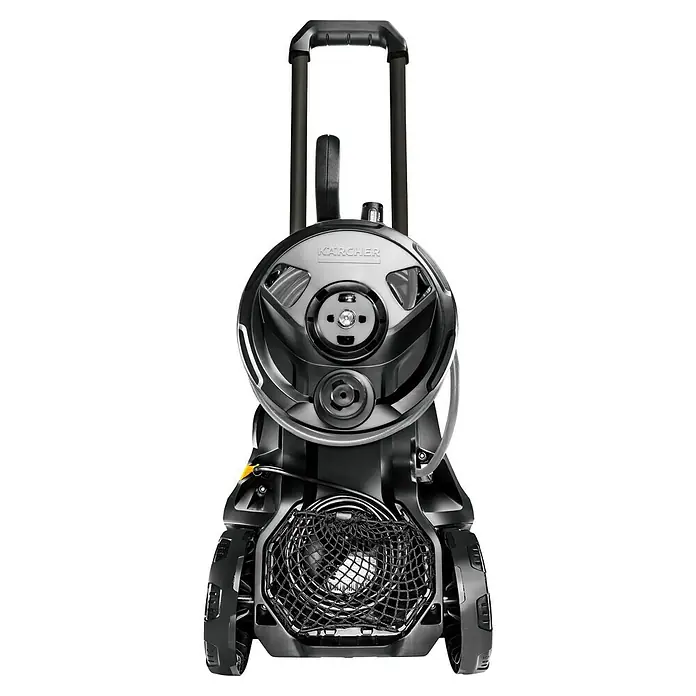 Kärcher Hidrolimpiadora de alta presión K 4 Premium Power Control Flex - 130 bar, 1.800 W, Capacidad de bombeo: 420 l/h - Imagen de una hidrolimpiadora Kärcher con enrollador de manguera y red de accesorios para un almacenamiento sencillo y ordenado.