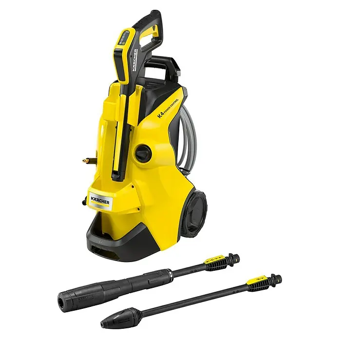 Kärcher Hochdruckreiniger K 4 Power Control Flex - 130 bar, 1.800 W, Fördermenge: 420 l/h, Ohne Home Kit - Das Bild zeigt einen gelben Kärcher K4 Power Control Hochdruckreiniger mit Zubehör vor einem schwarzen Hintergrund.
