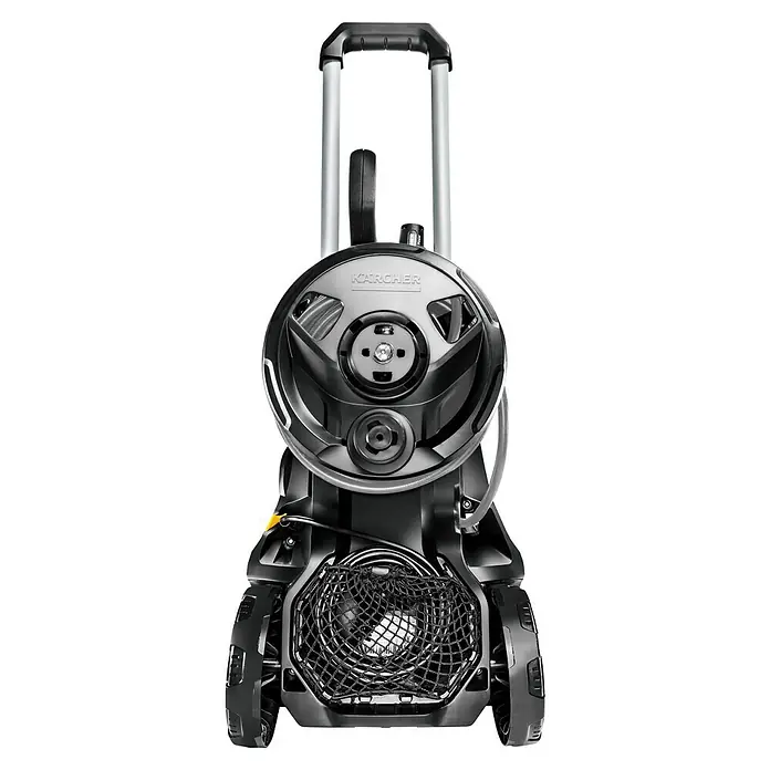 Kärcher Hidrolimpiadora de alta presión K7 Premium Smart Control Flex - 180 bar, 3.000 W, Capacidad de bombeo: 600 l/h, 5 pzs. - Primer plano de una hidrolavadora Kärcher con enrollador de manguera y red para accesorios, ideal para tareas de limpieza exterior.