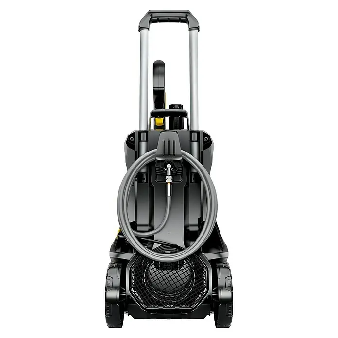 Kärcher Hidrolimpiadora de alta presión K 7 Smart Control Flex - 180 bar, 3.000 W, Capacidad de bombeo: 600 l/h, Sin Home Kit - La imagen muestra una limpiadora de alta presión Kärcher, exhibiendo su manguera gris y mango plateado sobre un fondo negro, detalle de boquilla.