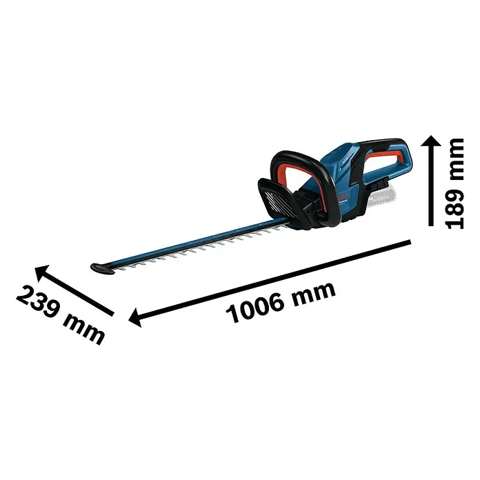 Bosch Professional AMPShare 18V Akku-Heckenschere GHE 18V-50 II - 18 V, Ohne Akku, Schwertlänge: 50 cm - Eine Bosch Akku-Heckenschere Professional mit den Maßen 189 mm Höhe, 239 mm Breite und 1006 mm Länge.