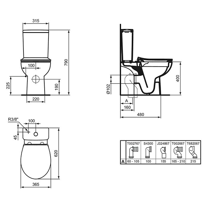 Ideal Standard Eurovit Staand toilet Duoblok PK (Zonder spoelrand, Met antibacteriële glazuur, Spoelvorm: Diep, Wit, PK) | BAUHAUS