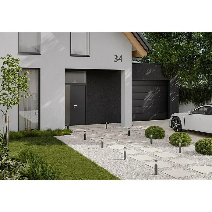 Terrassenfliese Dimension - 59,8 x 59,8 x 2 cm, Beige, Matt - Hausansicht mit moderner Eingangstür, stilvoller Fassade und gepflegtem Garten. Die Hausnummer 34 ist gut sichtbar angebracht.