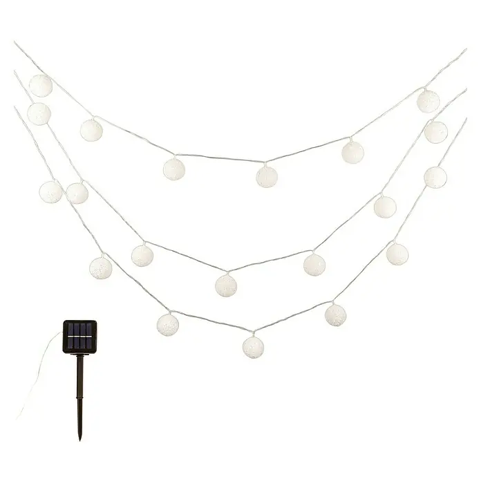 Arte confort Lámpara decorativa solar Saula - Para exterior, 580 cm, Blanco cálido - Una cadena de luces con lámparas esféricas conectadas a un panel solar. Ideal para crear un ambiente acogedor en exteriores.