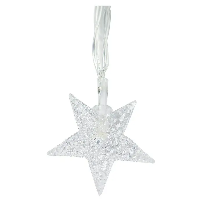 Arte confort Lámpara decorativa solar Astris - Para exterior, 635 cm, Blanco cálido - Primer plano de un colgante navideño LED transparente en forma de estrella con cable, perfecto para decoración festiva.