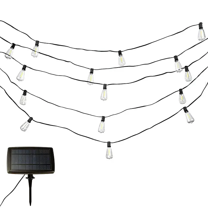 Arte confort Lámpara decorativa solar Glimia - Para exterior, 785 cm, Blanco cálido - Guirnalda de luces con panel solar. La guirnalda está decorada con bombillas Edison y se alimenta con el panel solar.