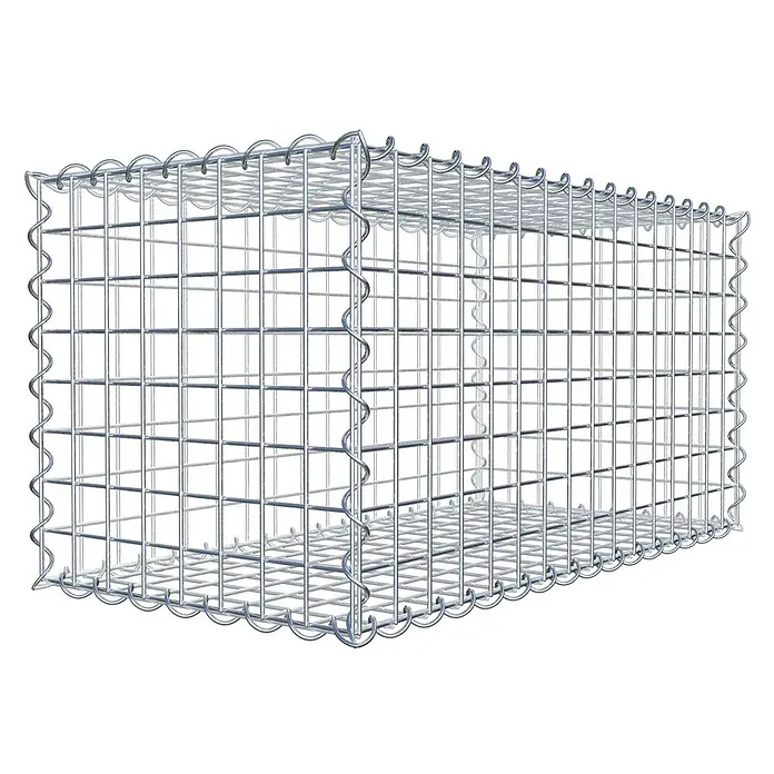 Gabiona Gabione - 80 x 40 x 40 cm, Metall, Maschenbreite: 50 mm, Maschenhöhe: 50 mm - Nahaufnahme eines Gabionenkorbs aus Drahtgeflecht, der leer und bereit für die Befüllung mit Steinen oder anderen Materialien ist.