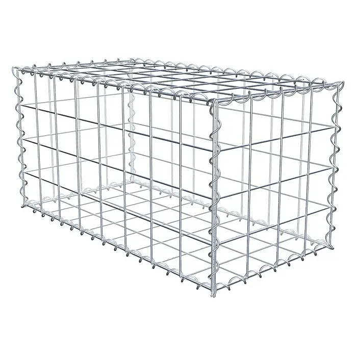 Gabiona Gabione80 x 40 x 40 cm, Metall, Maschenbreite: 100 mm, Maschenhöhe: 100 mm - Nahaufnahme eines Gabionenkorbs aus Drahtgeflecht, der für Stabilität und Haltbarkeit spiralförmig verstärkt ist. Ideal für Landschaftsbau und Erosionsschutz.