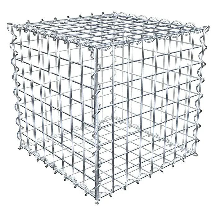 Gabiona Gabione - 40 x 40 x 40 cm, Metall, Maschenbreite: 50 mm, Maschenhöhe: 50 mm - Nahaufnahme eines Gabionen-Korbs aus Drahtgeflecht, ideal für Gartenbau und Landschaftsgestaltung mit robustem Design.