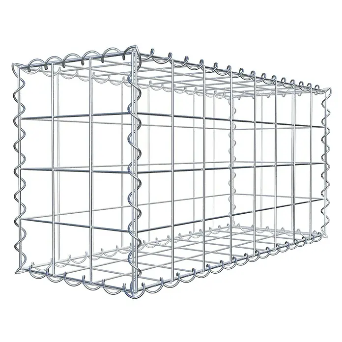 Gabiona Gabione - 80 x 30 x 40 cm, Metall, Maschenbreite: 100 mm, Maschenhöhe: 100 mm - Ansicht eines Gabionenkorbs aus verzinktem Draht mit quadratischen Maschen und spiralförmigen Verbindungen für den Einsatz im Garten- und Landschaftsbau.