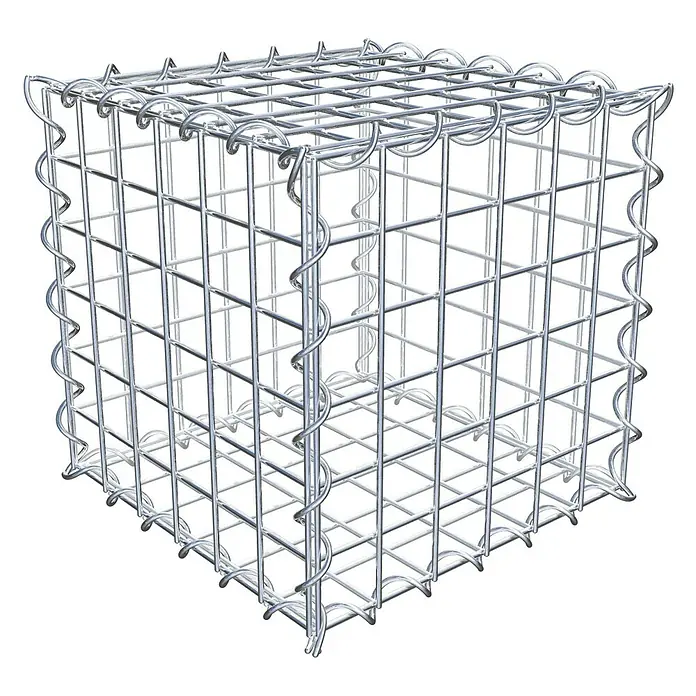 Gabiona Gabione - 30 x 30 x 30 cm, Metall, Maschenbreite: 50 mm, Maschenhöhe: 50 mm - Draufsicht auf eine leere, silberfarbene Gabione mit quadratischen Maschen, die sich ideal für den Landschaftsbau oder als dekoratives Element eignet.
