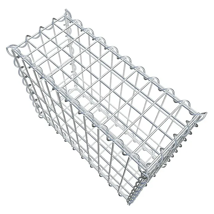 Gabiona Gabione - 50 x 20 x 40 cm, Metall, Maschenbreite: 50 mm, Maschenhöhe: 100 mm - Ansicht eines leeren Gabionenkorbs aus Drahtgeflecht, der für Landschaftsbau und Erosionsschutz verwendet wird.