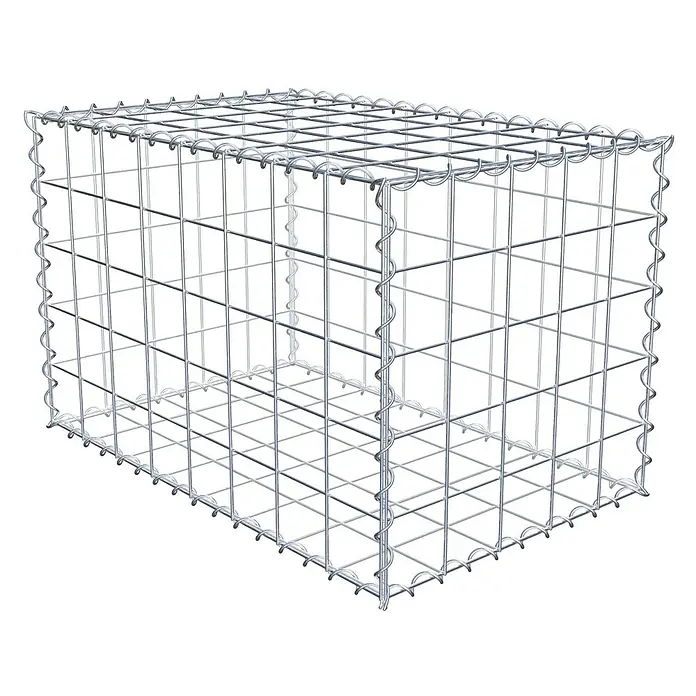 Gabiona Gabione - 80 x 50 x 50 cm, Metall, Maschenbreite: 100 mm, Maschenhöhe: 100 mm - Abbildung eines Gabionenkorbs aus verzinktem Drahtgitter. Er ist rechteckig und leer, bereit für die Befüllung mit Steinen oder anderen Materialien.