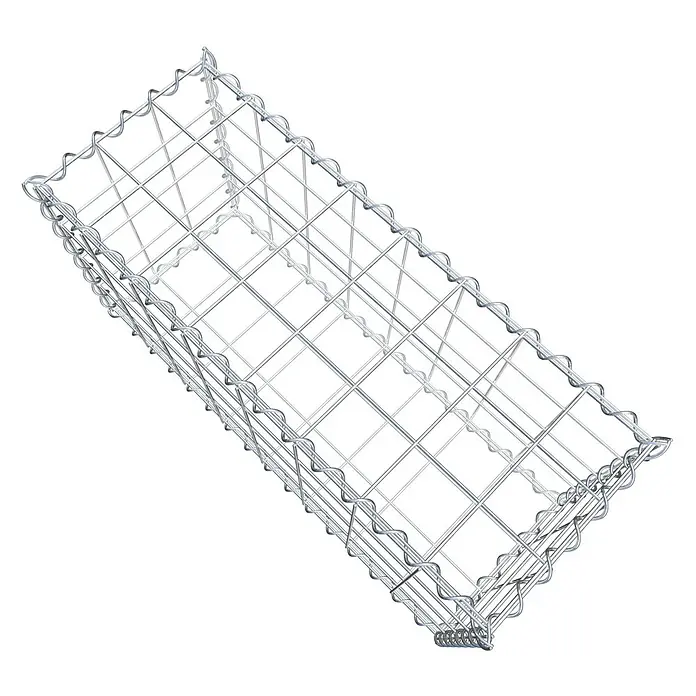 Gabiona Gabione - 80 x 30 x 40 cm, Metall, Maschenbreite: 100 mm, Maschenhöhe: 100 mm - Abbildung eines Gabionenkorbs aus verzinktem Drahtgeflecht. Der Korb ist leer und hat eine rechteckige Form mit gewellten Kanten.