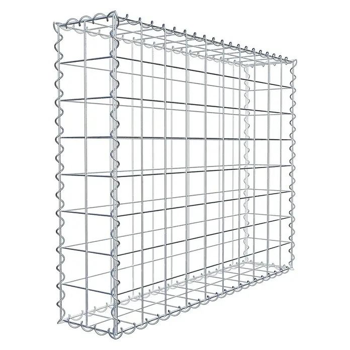 Gabiona Gabione - 100 x 20 x 80 cm, Metall, Maschenbreite: 100 mm, Maschenhöhe: 100 mm - Nahaufnahme eines Gabionenkäfigs aus Drahtgeflecht, der zur Hangbefestigung oder als dekoratives Element im Gartenbau eingesetzt wird.