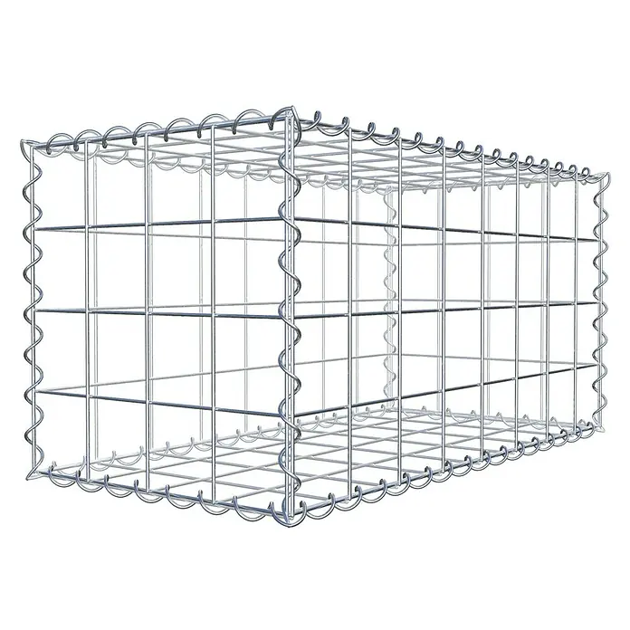 Gabiona Gabione - 80 x 40 x 40 cm, Metall, Maschenbreite: 100 mm, Maschenhöhe: 100 mm - Nahaufnahme eines Gabionenkorbs, der eine Drahtgitterkonstruktion zur Verwendung in Stützmauern und Landschaftsbauprojekten aufweist.