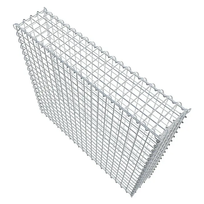 Gabiona Gabione - 100 x 20 x 90 cm, Metall, Maschenbreite: 50 mm, Maschenhöhe: 50 mm - Nahaufnahme eines Gabionenkorbes aus Metallgeflecht. Der Steinkorb ist leer und hat eine längliche, rechteckige Form.