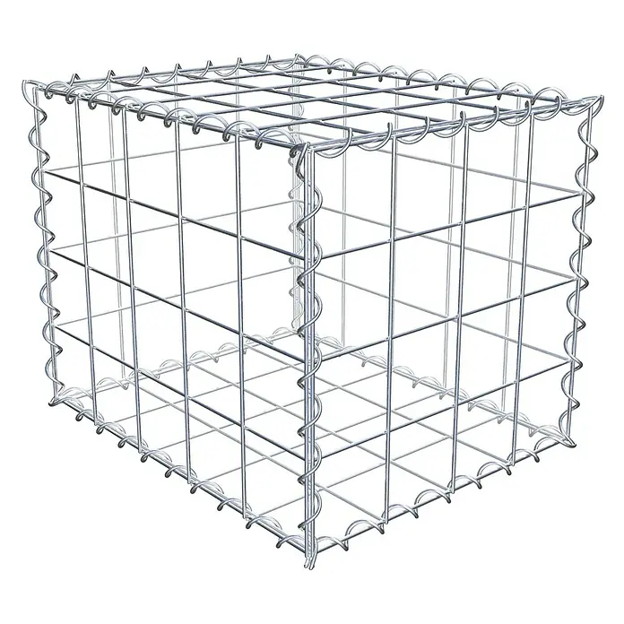 Gabiona Gabione - 50 x 40 x 40 cm, Metall, Maschenbreite: 100 mm, Maschenhöhe: 100 mm - Nahaufnahme eines Gabionen-Drahtkorbs mit rechteckiger Form und spiralförmig verbundenen Drähten für den Einsatz im Garten- und Landschaftsbau.