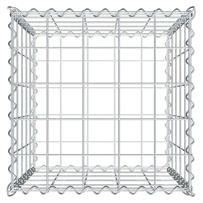 Gabiona Gabione - 50 x 50 x 50 cm, Metall, Maschenbreite: 100 mm, Maschenhöhe: 100 mm - Nahaufnahme eines leeren, silberfarbenen Gabionen-Steinkorbs mit quadratischen Maschen, ideal für Gartengestaltung und Landschaftsbau.