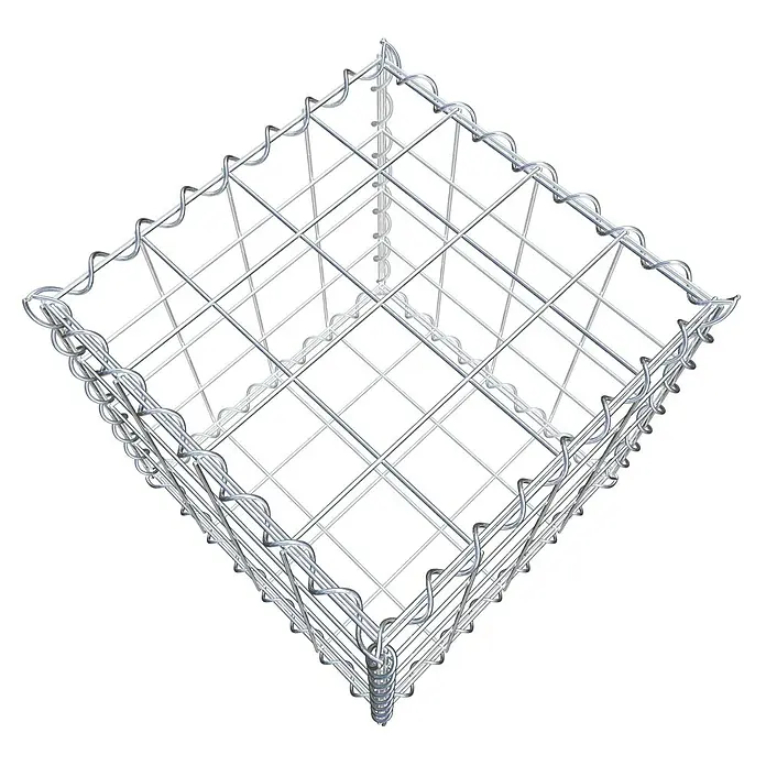 Gabiona Gabione - 40 x 40 x 40 cm, Metall, Maschenbreite: 100 mm, Maschenhöhe: 100 mm - Nahaufnahme eines Gabionenkäfigs aus Drahtgeflecht, der für den Bau von Stützmauern und dekorativen Elementen im Gartenbau verwendet wird.