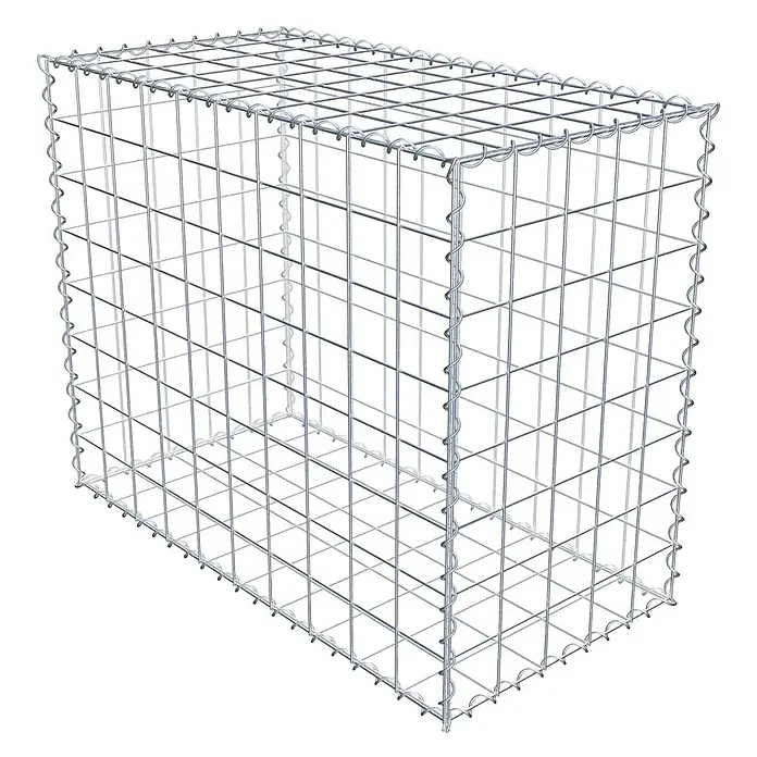 Gabiona Gabione - 100 x 50 x 80 cm, Metall, Maschenbreite: 100 mm, Maschenhöhe: 100 mm - Das Bild zeigt einen Gabionenkorb aus Drahtgeflecht, der als dekoratives oder stützendes Element im Garten- und Landschaftsbau verwendet wird.