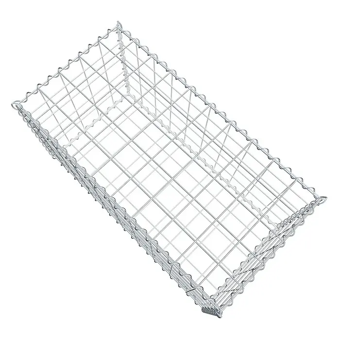 Gabiona Gabione - 100 x 50 x 50 cm, Metall, Maschenbreite: 100 mm, Maschenhöhe: 100 mm - Nahaufnahme eines leeren Gabionenkäfigs aus Drahtgeflecht, der für dekorative Zwecke oder zur Hangbefestigung verwendet wird.