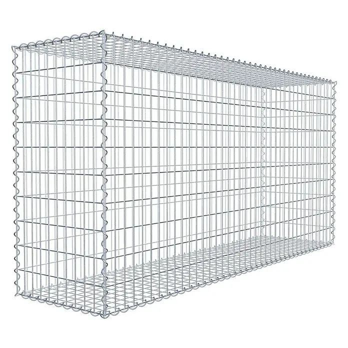 Gabiona Gabione - 200 x 50 x 100 cm, Metall, Maschenbreite: 50 mm, Maschenhöhe: 100 mm - Das Bild zeigt einen leeren Gabionenkorb aus Drahtgeflecht. Der Korb hat eine rechteckige Form und ist stabil konstruiert.