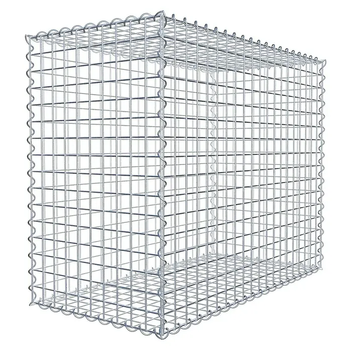 Gabiona Gabione - 100 x 50 x 80 cm, Metall, Maschenbreite: 50 mm, Maschenhöhe: 50 mm - Ein detailliertes Bild eines Gabionenkorbs, der aus einem stabilen, silberfarbenen Drahtgitter gefertigt ist und für den Einsatz im Garten- und Landschaftsbau konzipiert wurde.