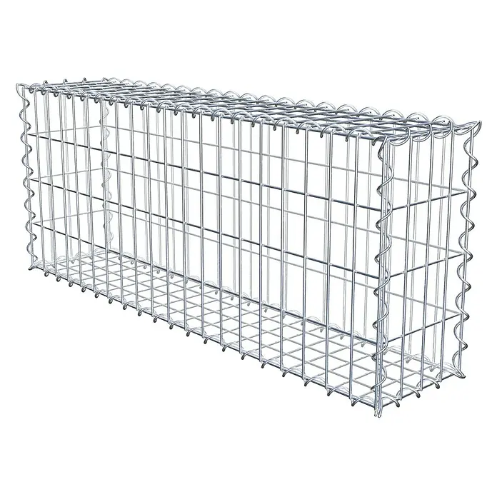 Gabiona Gabione - 100 x 20 x 40 cm, Metall, Maschenbreite: 50 mm, Maschenhöhe: 100 mm - Das Bild zeigt einen Gabionenkorb aus Drahtgeflecht, der für den Bau von Stützmauern oder dekorativen Elementen verwendet wird.