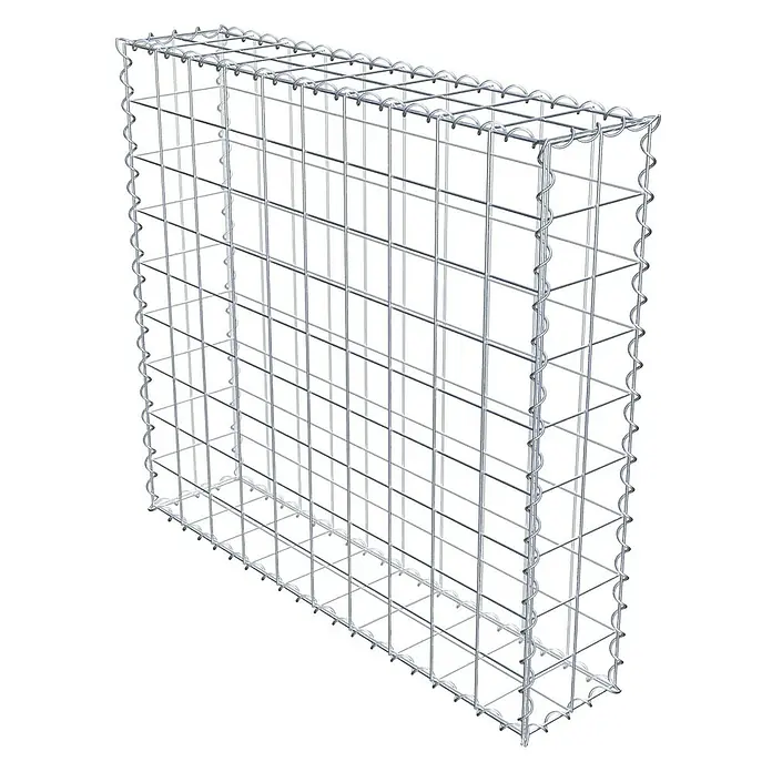 Gabiona Gabione - 100 x 20 x 90 cm, Metall, Maschenbreite: 100 mm, Maschenhöhe: 100 mm - Das Bild zeigt einen Gabionenkorb aus Drahtgeflecht, der für den Bau von Stützmauern oder dekorativen Elementen im Garten verwendet wird.