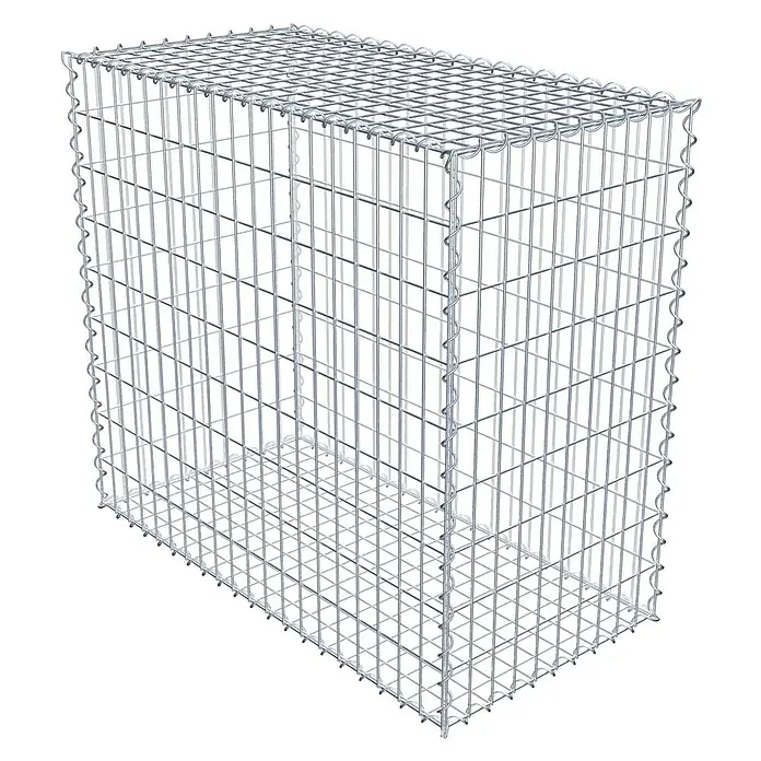 Gabiona Gabione - 100 x 50 x 90 cm, Metall, Maschenbreite: 50 mm, Maschenhöhe: 100 mm - Draufsicht eines rechteckigen Gabionenkorbs aus silbernem Drahtgeflecht, der für Steine und Gartengestaltung verwendet wird.