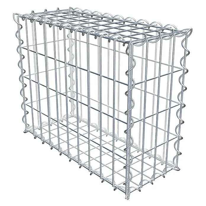 Gabiona Gabione - 50 x 20 x 40 cm, Metall, Maschenbreite: 50 mm, Maschenhöhe: 100 mm - Ein leeres, rechteckiges Gabionengitter aus silbernem Draht, das robust und bereit für die Befüllung mit Steinen oder anderen Materialien ist.