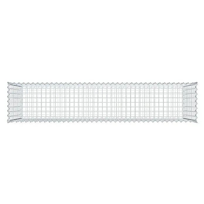 Gabiona Gabione - 200 x 40 x 100 cm, Metall, Maschenbreite: 50 mm, Maschenhöhe: 100 mm - Das Bild zeigt eine längliche Gabione aus Drahtgitter, die für den Gartenbau oder als dekoratives Element im Außenbereich verwendet werden kann.