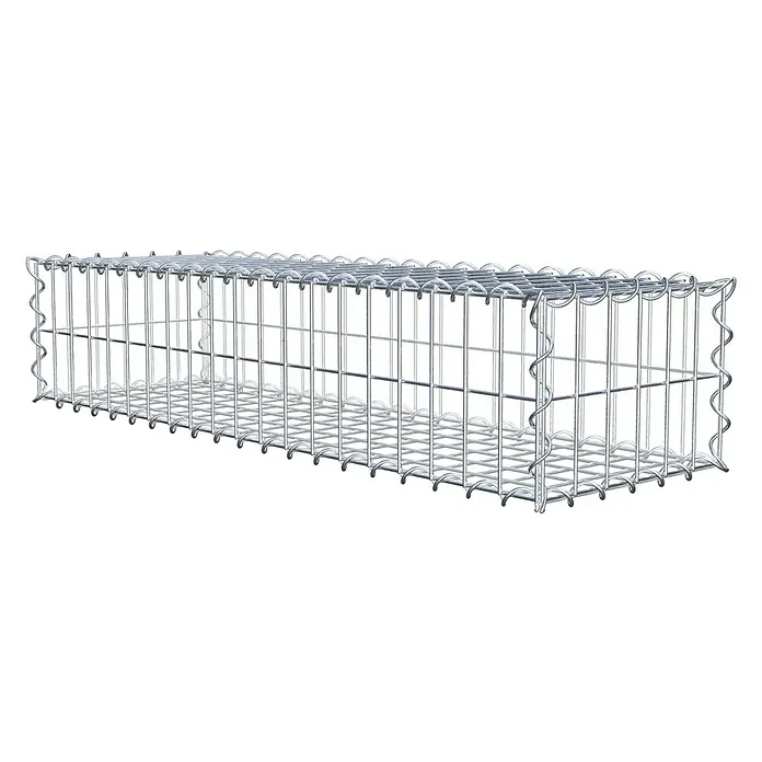 Gabiona Gabione - 100 x 30 x 20 cm, Metall, Maschenbreite: 50 mm, Maschenhöhe: 100 mm - Das Bild zeigt einen Gabionen-Drahtkorb, der typischerweise für Stützmauern oder dekorative Zwecke im Gartenbau verwendet wird.