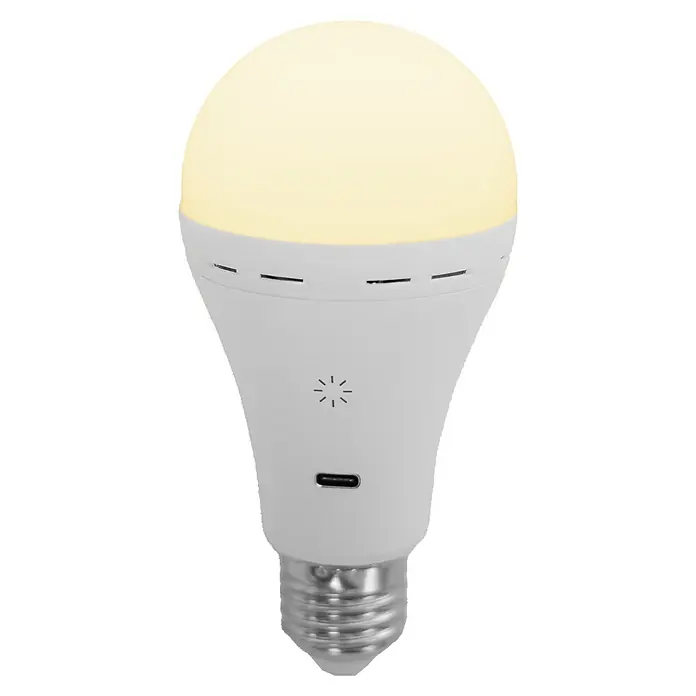 New Garden Bombilla LED recargable Lapera - E27, Intensidad regulable, Blanco cálido, 350 lm, 3,5 W - Primer plano de una bombilla LED blanca iluminada con base E27, que combina iluminación de eficiencia energética y diseño moderno.